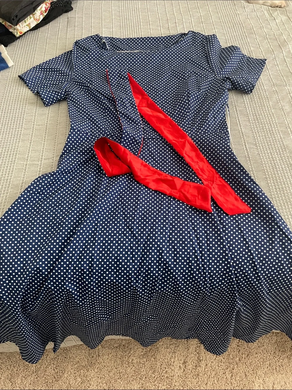 Navy Polka Dot Girls' Dress with Red Sash